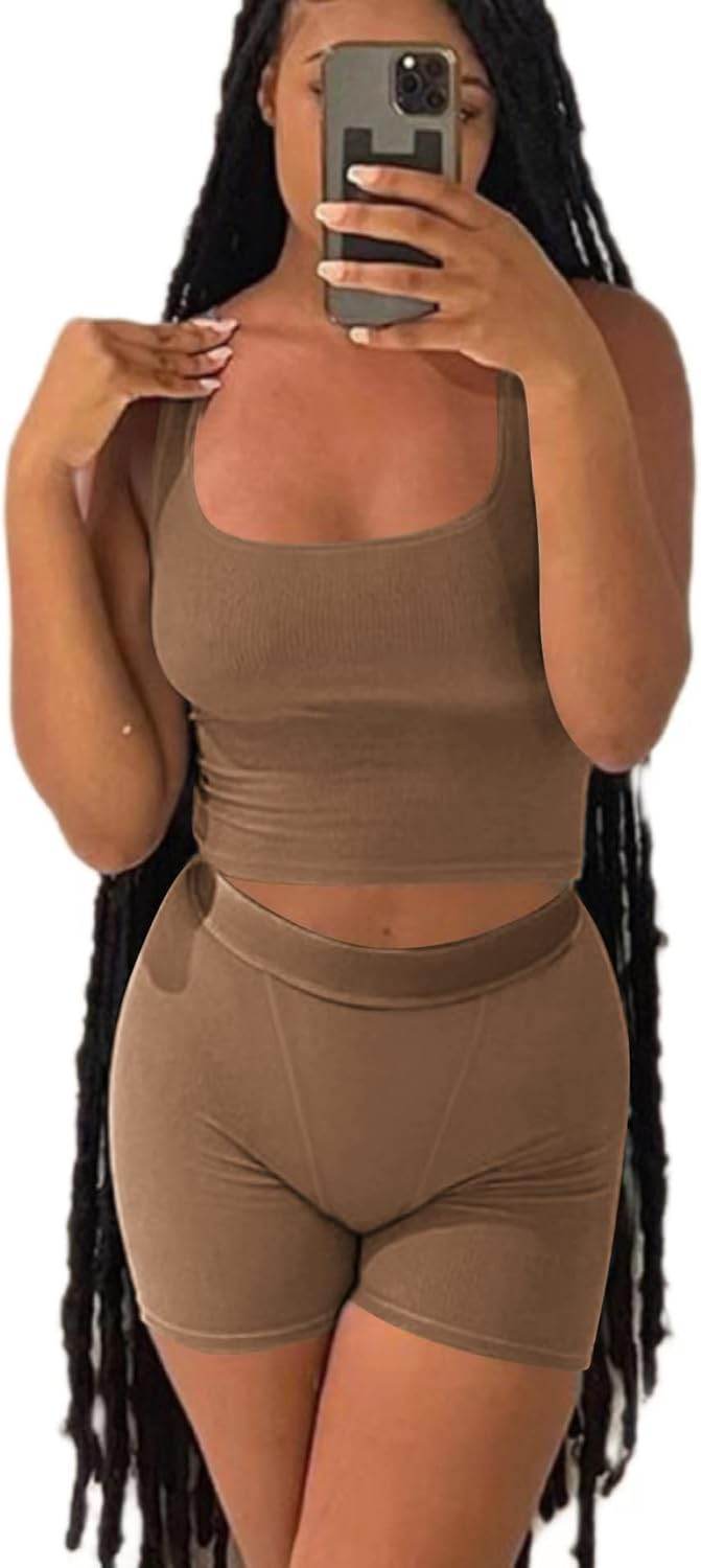 AYWA Casual Workout Sets Two Piece Outfits for Women Ribbed Crop Tank Top High Waist Leggings Active Wear - zenfulharmony.com