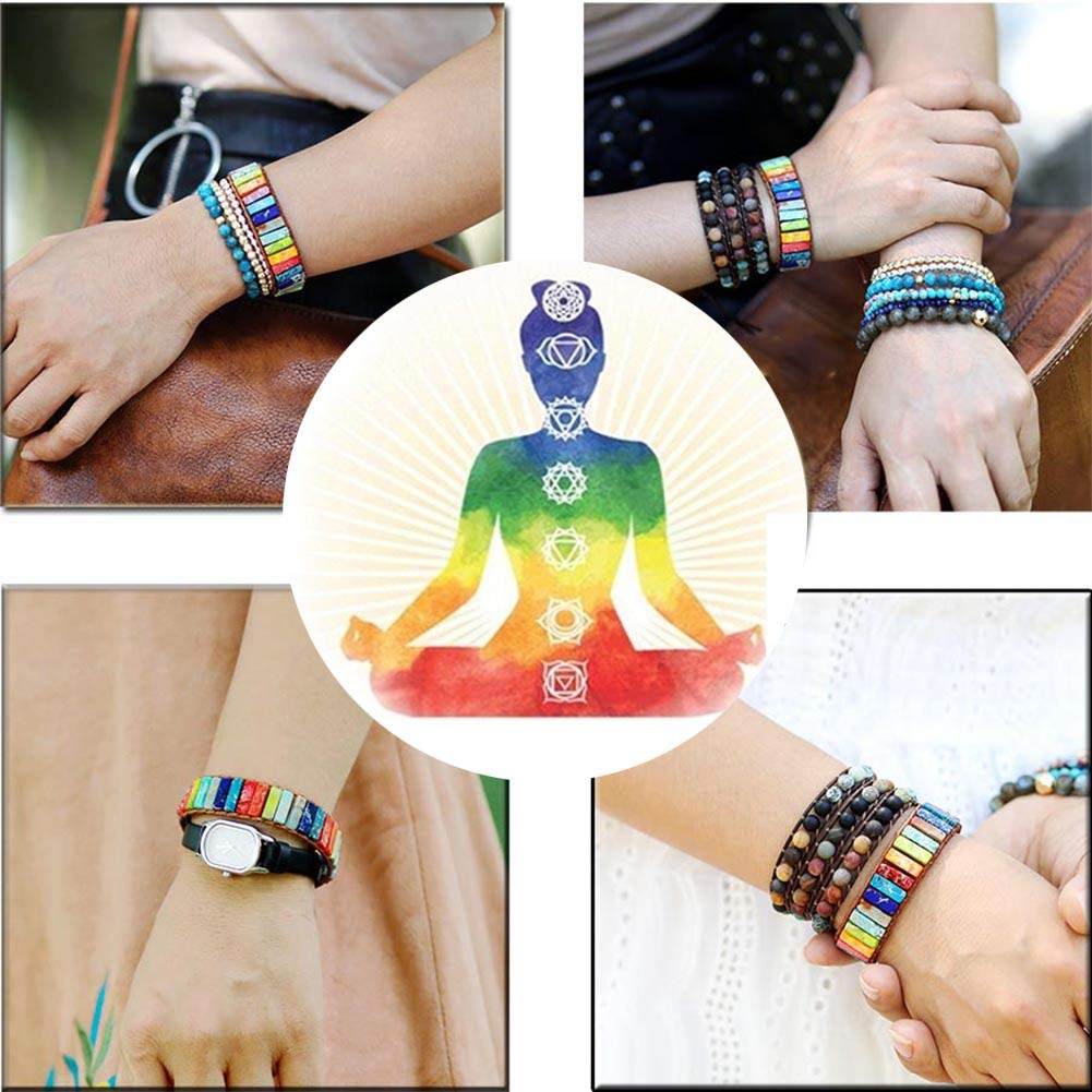 sedmart 7 Chakra Bracelets for Women with Real Stones Leather Wrap Healing Bead Bracelet Women Men Boho Friendship Jewelry… (Flower Button & Square Stone) - zenfulharmony.com