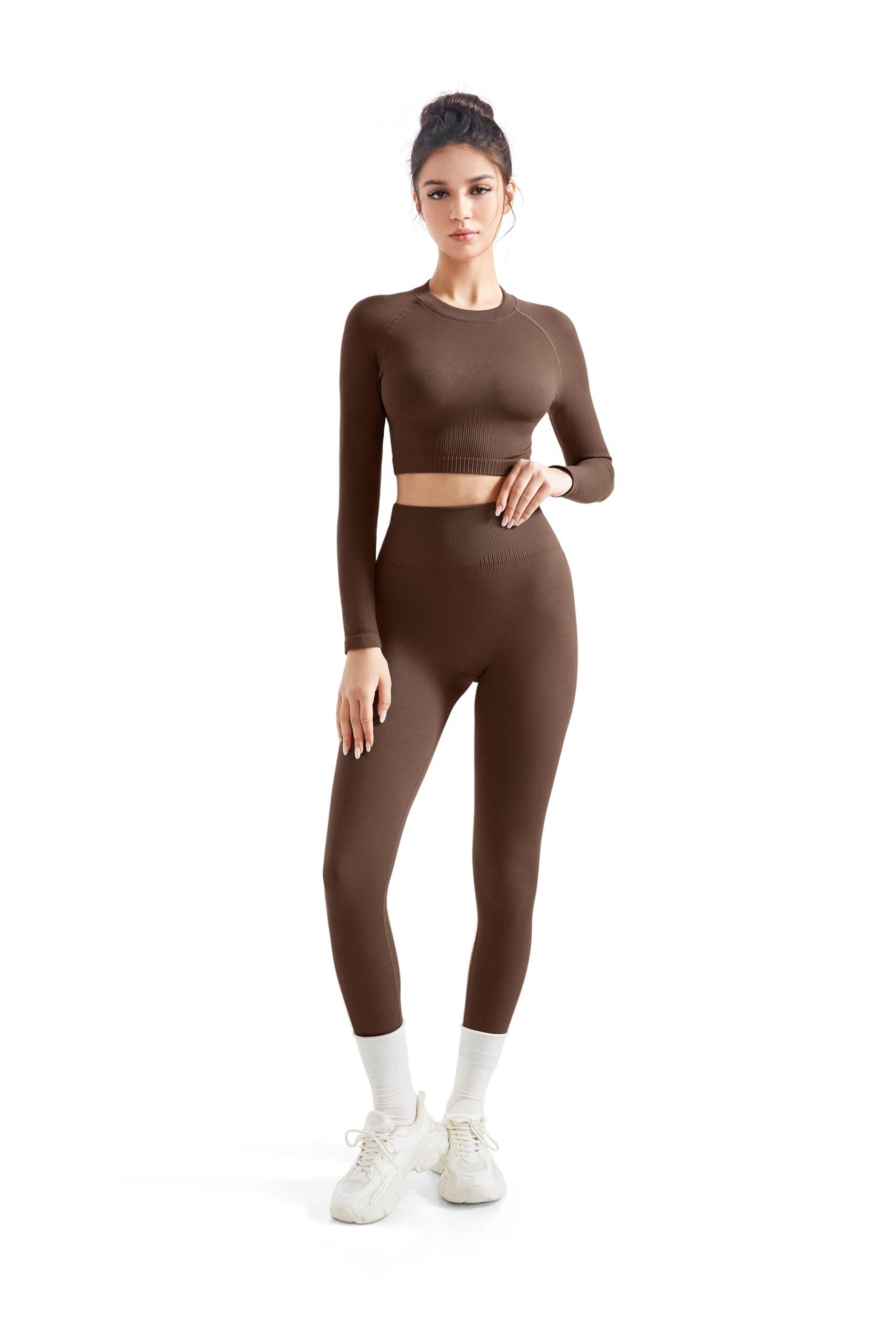 SUUKSESS Women 2 Piece Workout Sets Hidden Scrunch Butt Lifting Seamless Leggings Long Sleeve Yoga Crop Tops High Waisted Yoga Pants (Brown, M) - zenfulharmony.com