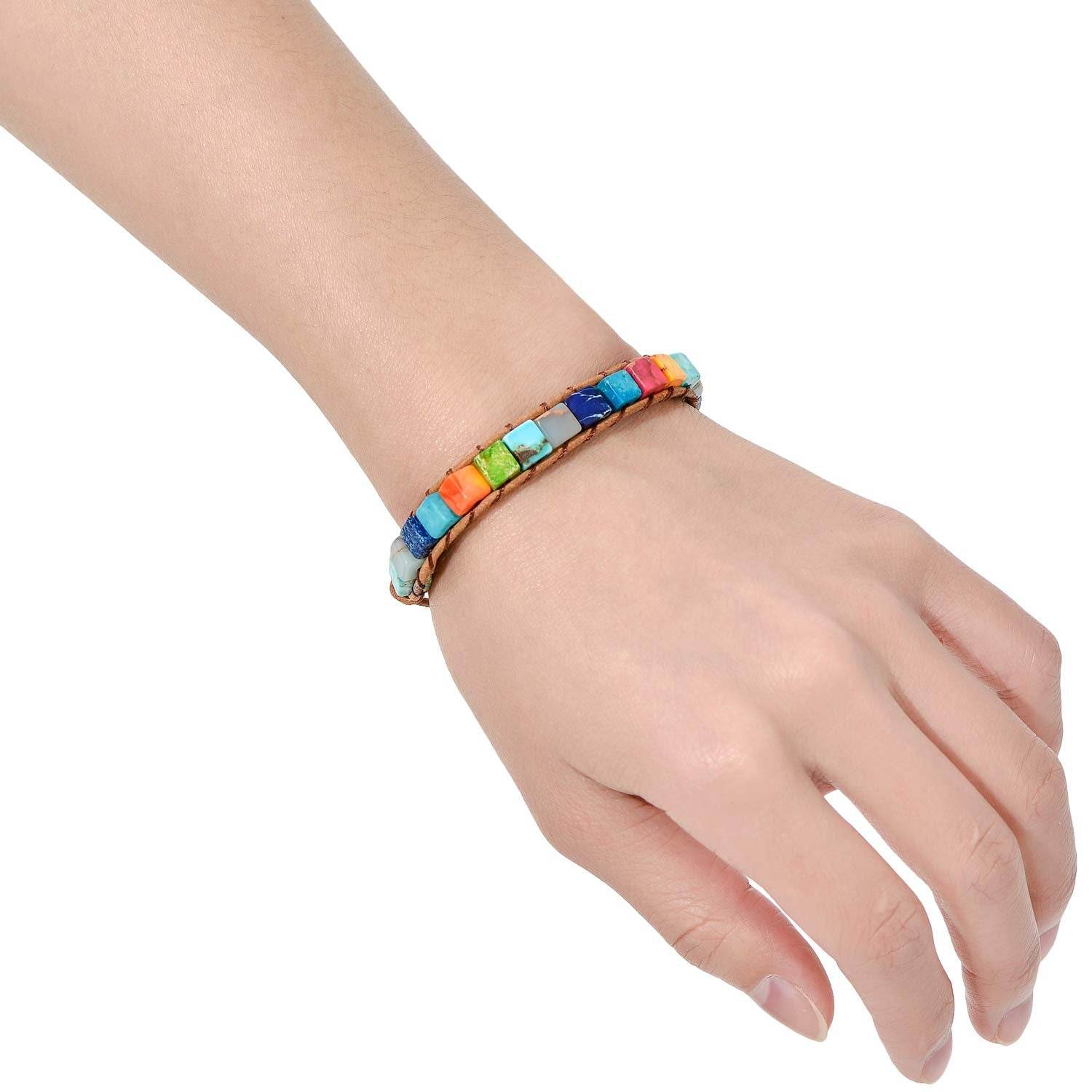 sedmart 7 Chakra Bracelets for Women with Real Stones Leather Wrap Healing Bead Bracelet Women Men Boho Friendship Jewelry… (Flower Button & Square Stone) - zenfulharmony.com