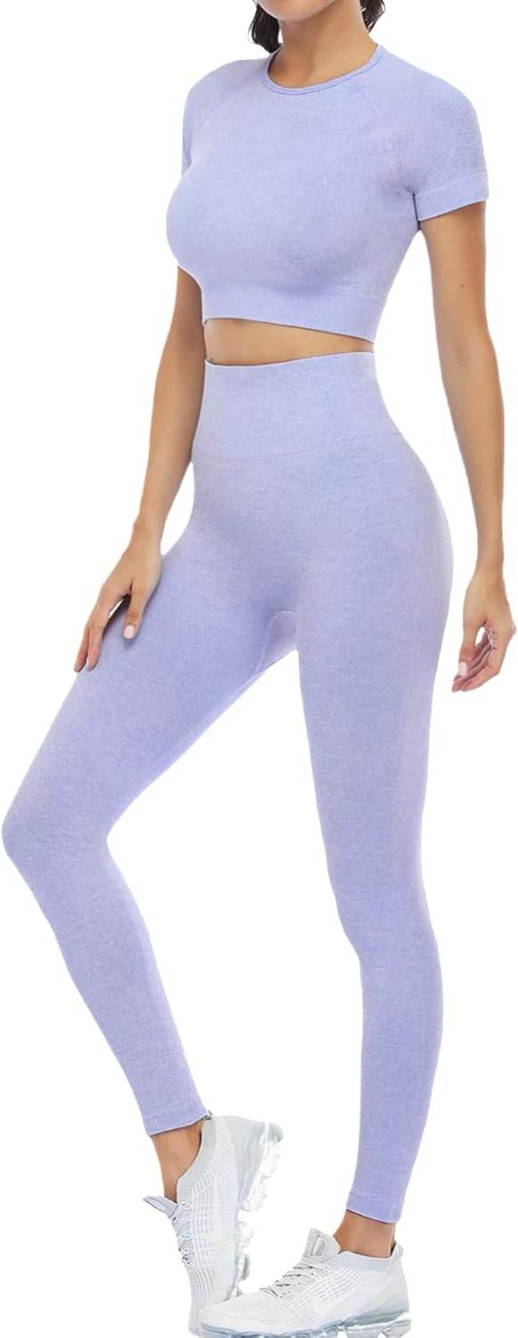 2 Piece Short Sleeve Outfits for Women Seamless Crop Tops Set for Women Workout Set - zenfulharmony.com