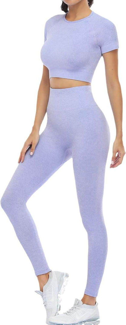 2 Piece Short Sleeve Outfits for Women Seamless Crop Tops Set for Women Workout Set - zenfulharmony.com