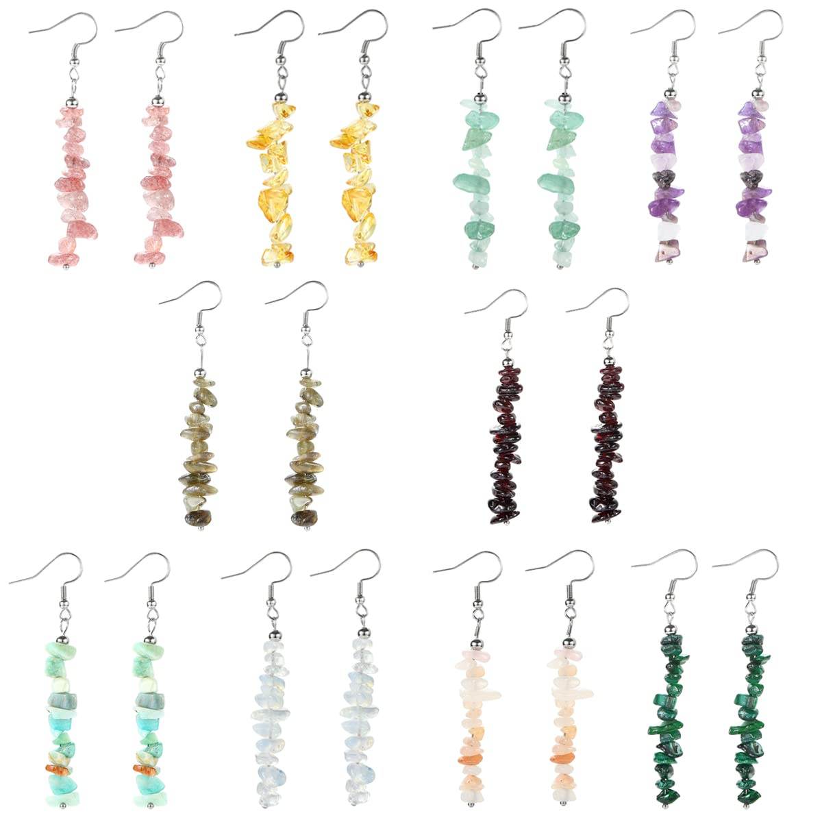 SAMOCO 10 Pairs Natural Stone Beaded Dangle Earrings for Women Colorful Crystal Drop Hook Earrings Chakra Gemstone Chip Earrings Set Meditation Yoga Jewelry - zenfulharmony.com