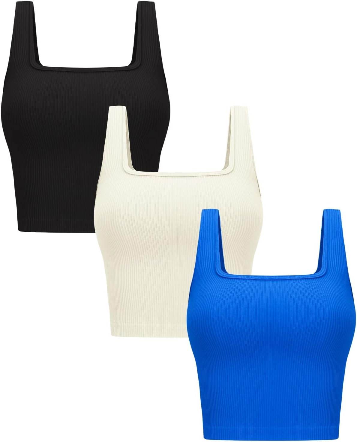 OLCHEE Womens 3 Pack Crop Tank Tops Basic Seamless Ribbed Sleeveless Square Neck Workout Top Summer Exercise Yoga Gym Shirts - zenfulharmony.com