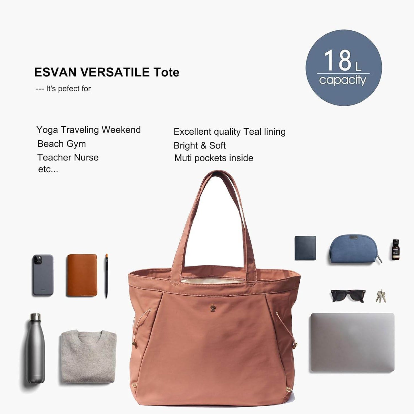 ESVAN Yoga Tote Bag for Women Shoulder Bags Drawstring for Office Workout Travel Carryall Pilates Gym and Beach - zenfulharmony.com