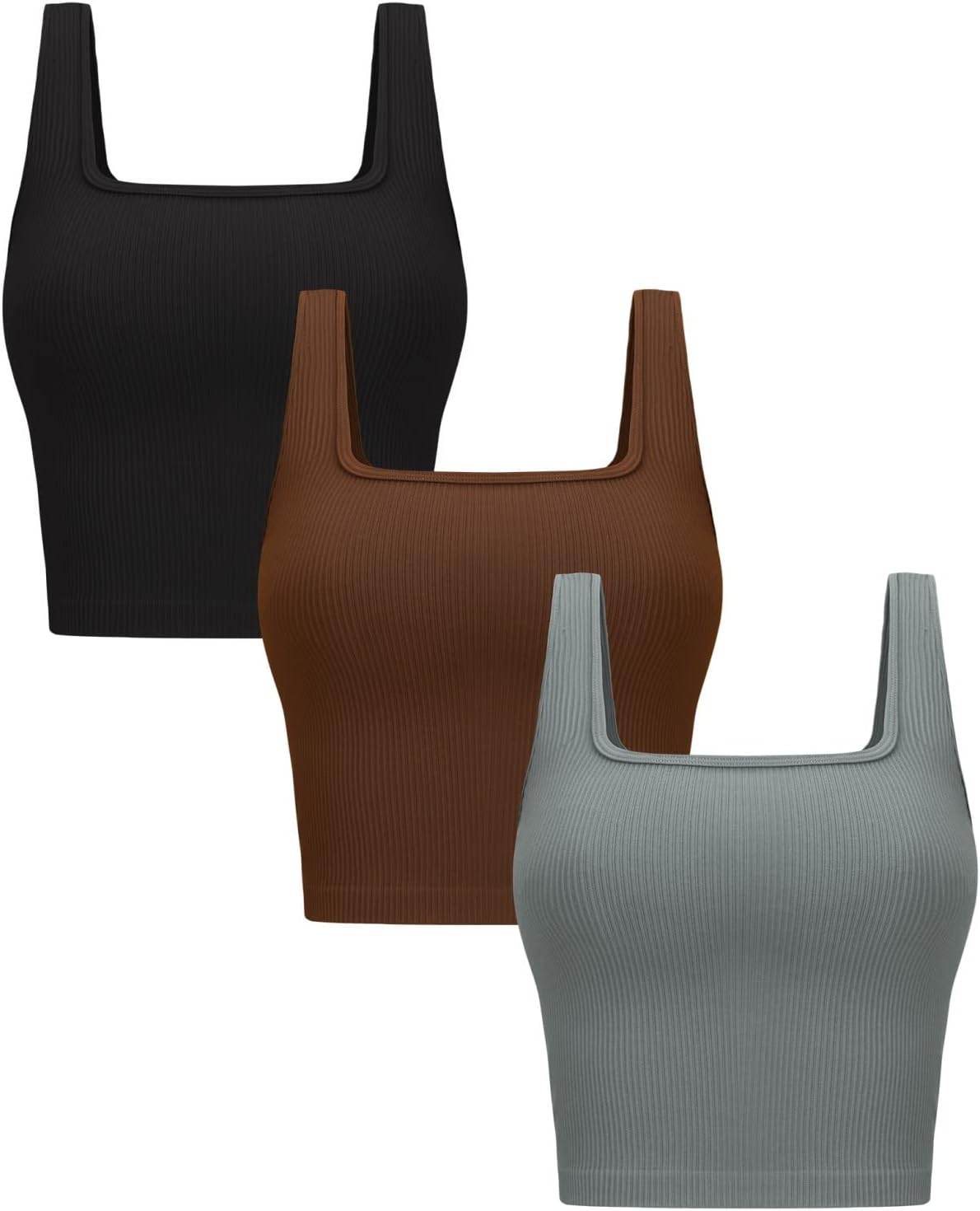 OLCHEE Womens 3 Pack Crop Tank Tops Basic Seamless Ribbed Sleeveless Square Neck Workout Top Summer Exercise Yoga Gym Shirts - zenfulharmony.com