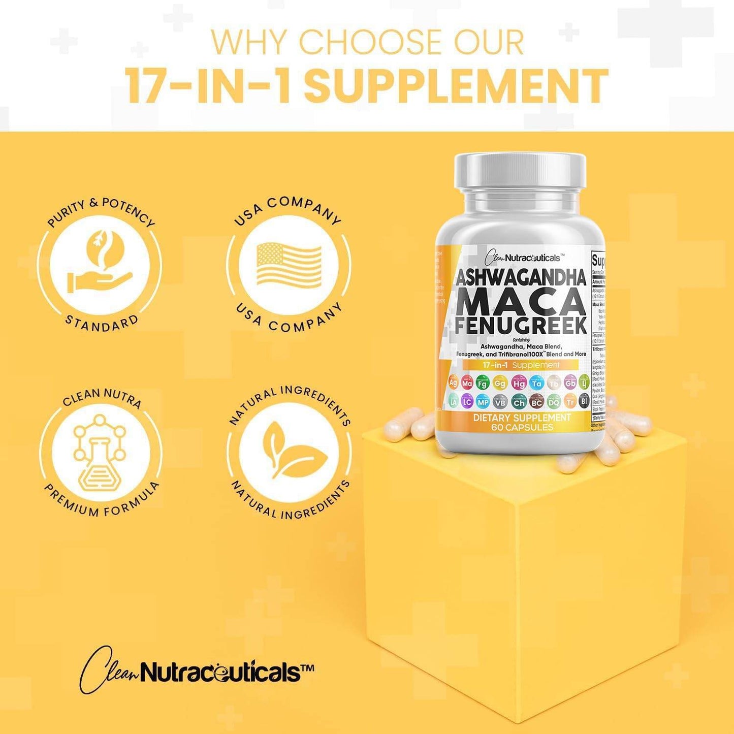 Clean Nutraceuticals Ashwagandha 5000mg Maca Root 2000mg Fenugreek 3000mg Supplement with Tongkat Ali Ginseng - Assists with Stress, Mood & Thyroid - Ashwagandha Capsules Fenugreek Caps - 60 Count - zenfulharmony.com