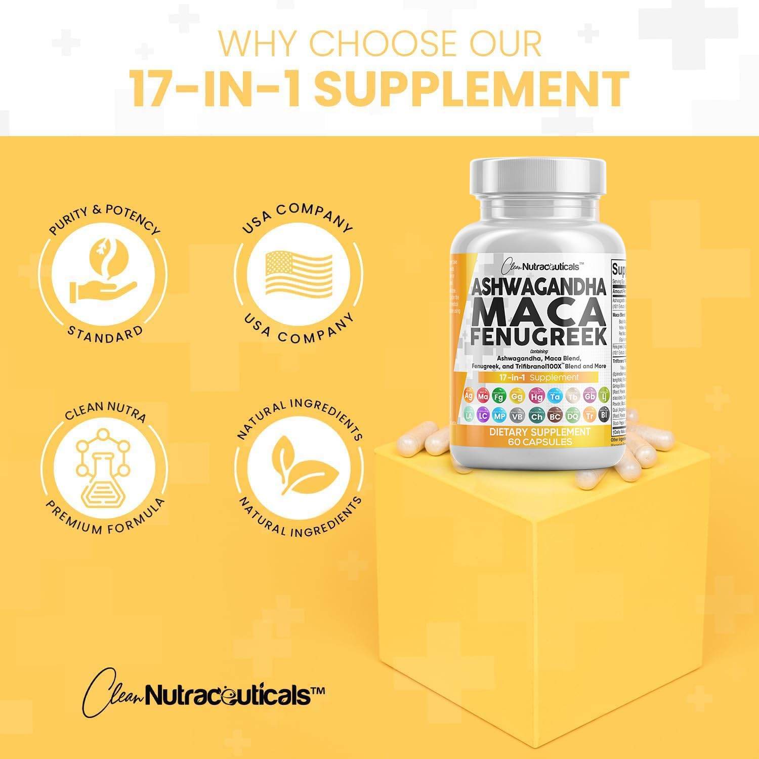 Clean Nutraceuticals Ashwagandha 5000mg Maca Root 2000mg Fenugreek 3000mg Supplement with Tongkat Ali Ginseng - Assists with Stress, Mood & Thyroid - Ashwagandha Capsules Fenugreek Caps - 60 Count - zenfulharmony.com