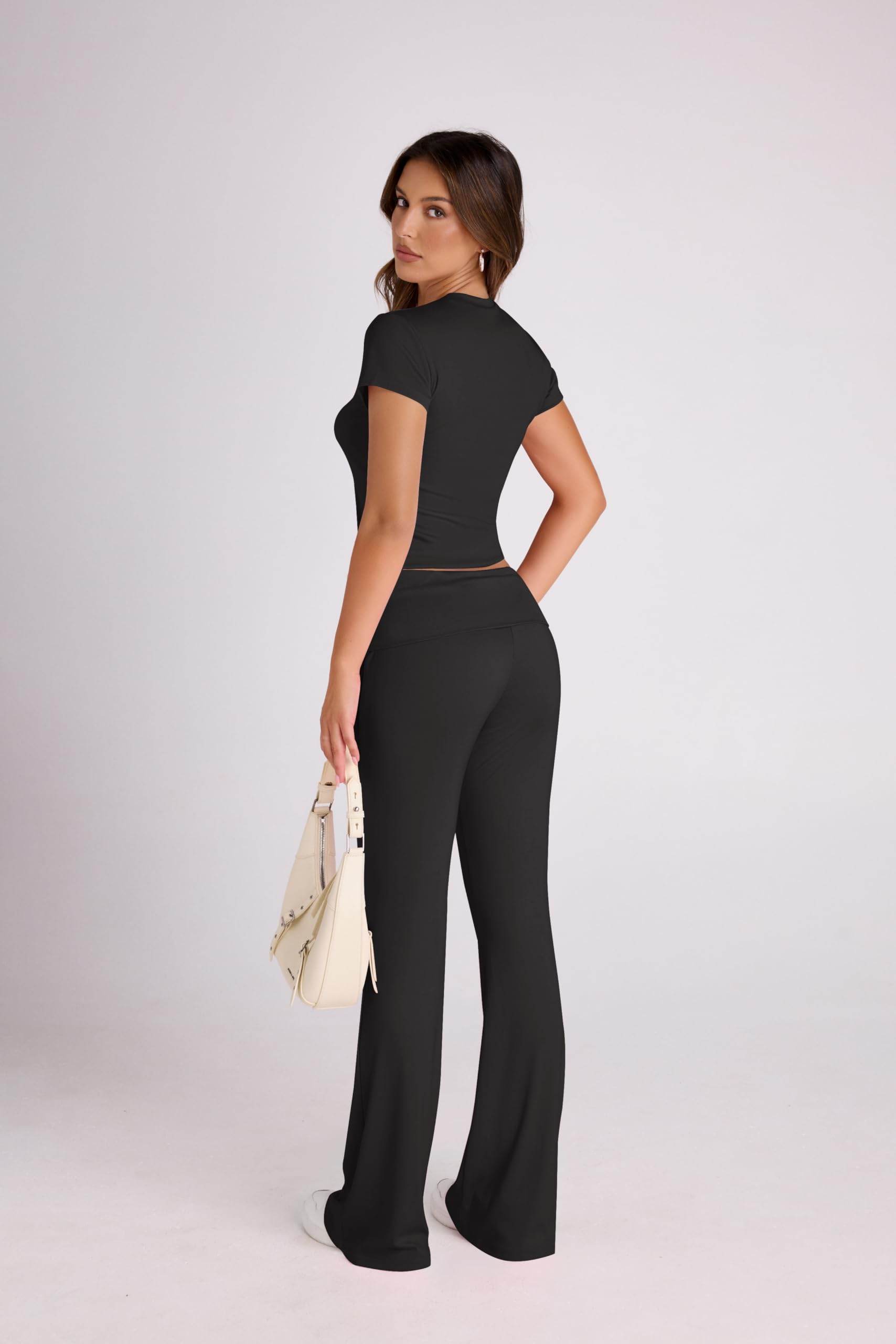 Ivicoer Women's Two Piece Outfit Basic Short Sleeve Crop Top and Low Rise Flare Pants Set High Waisted Pants Lounge 2 Piece Yoga Tracksuit Women Outfits Black M - zenfulharmony.com