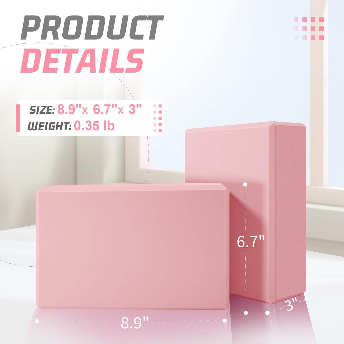 Biguphate Yoga Blocks 2 Pack, EVA Foam Yoga Block Supportive Latex-Free, Non-Slip Exercise Blocks, Yoga Accessories for Pilates, Meditation, Balance, Stretching and Deep Poses (Pink) - zenfulharmony.com