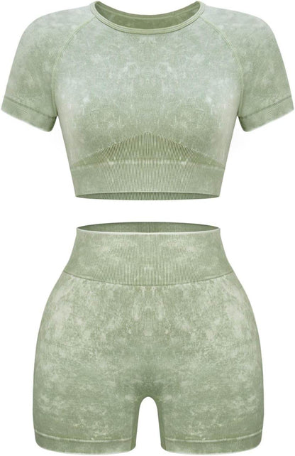 OLCHEE Womens Workout Sets 2 Piece - Seamless Acid Wash Yoga Outfits Shorts and Crop Top Matching Gym Athletic Clothing Set - zenfulharmony.com
