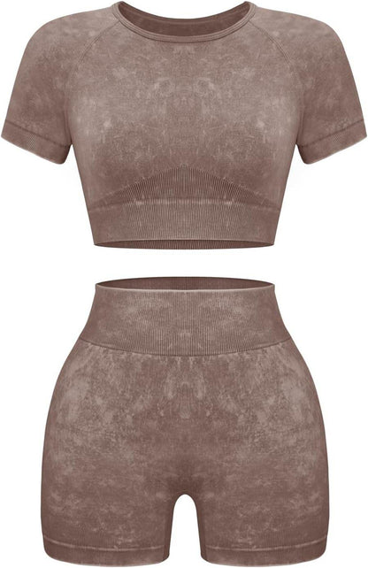 OLCHEE Womens Workout Sets 2 Piece - Seamless Acid Wash Yoga Outfits Shorts and Crop Top Matching Gym Athletic Clothing Set - zenfulharmony.com