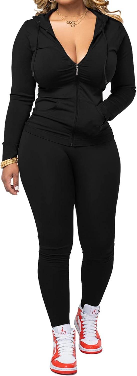 PINSV Women Two Piece Outfits Workout Sets Bodycon Tracksuit Long Sleeve Zip Up Hoodie Jacket Jogger Matching Sweat Pants Set - zenfulharmony.com