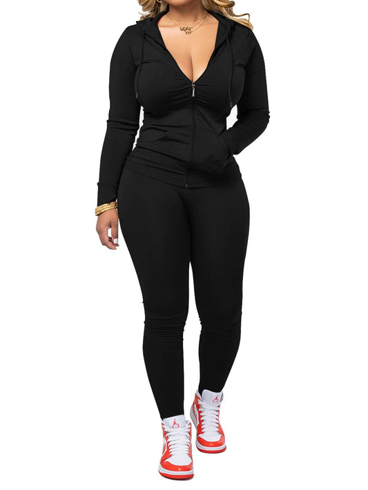 PINSV Women Two Piece Outfits Workout Sets Bodycon Tracksuit Long Sleeve Zip Up Hoodie Jacket Jogger Matching Sweat Pants Set Black M - zenfulharmony.com
