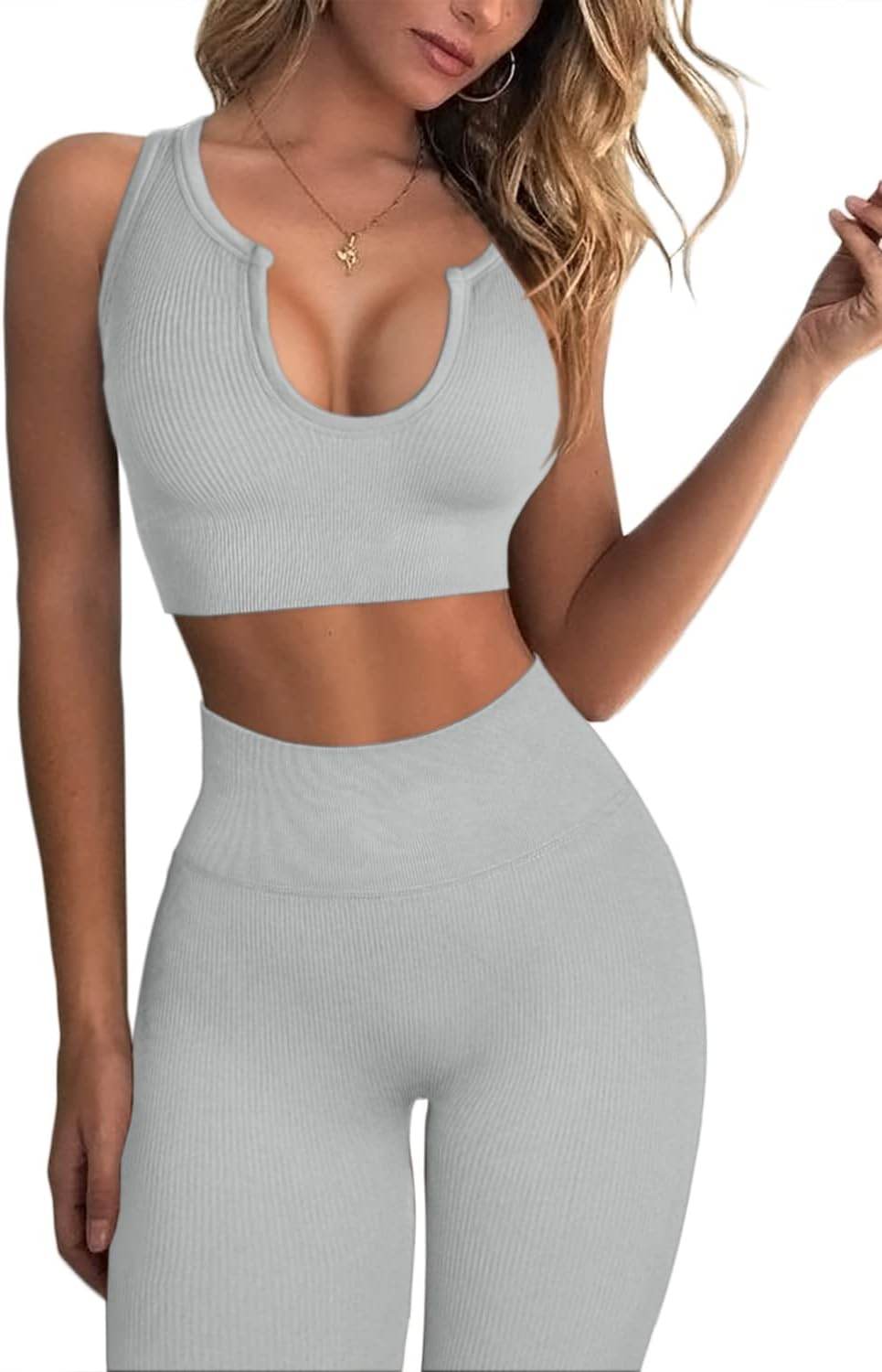 QINSEN Workout Outfits for Women 2 Piece Ribbed Seamless Crop Tank High Waist Yoga Leggings Sets - zenfulharmony.com