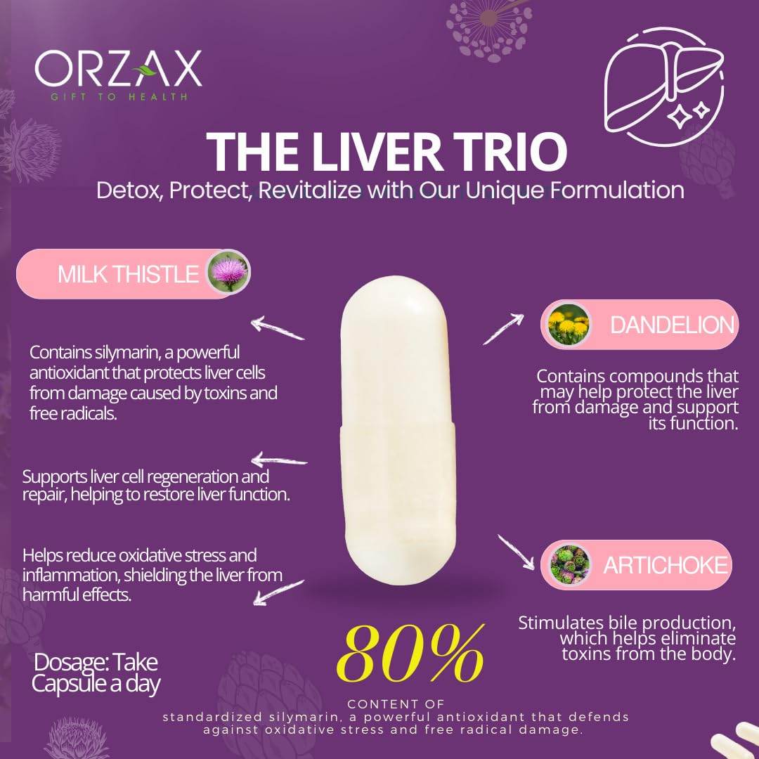 ORZAX Milk Thistle 250 mg - Herbal Supplement with 80% Silymarin Supplement, Dandelion, Artichoke Extract - Halal and Dairy-Free - 120 Vegetable Capsules - zenfulharmony.com