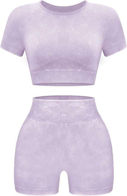 OLCHEE Womens Workout Sets 2 Piece - Seamless Acid Wash Yoga Outfits Shorts and Crop Top Matching Gym Athletic Clothing Set - zenfulharmony.com