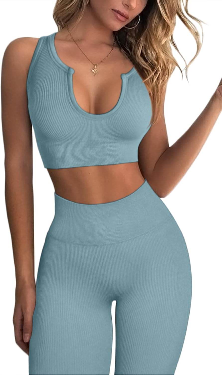 QINSEN Workout Outfits for Women 2 Piece Ribbed Seamless Crop Tank High Waist Yoga Leggings Sets - zenfulharmony.com