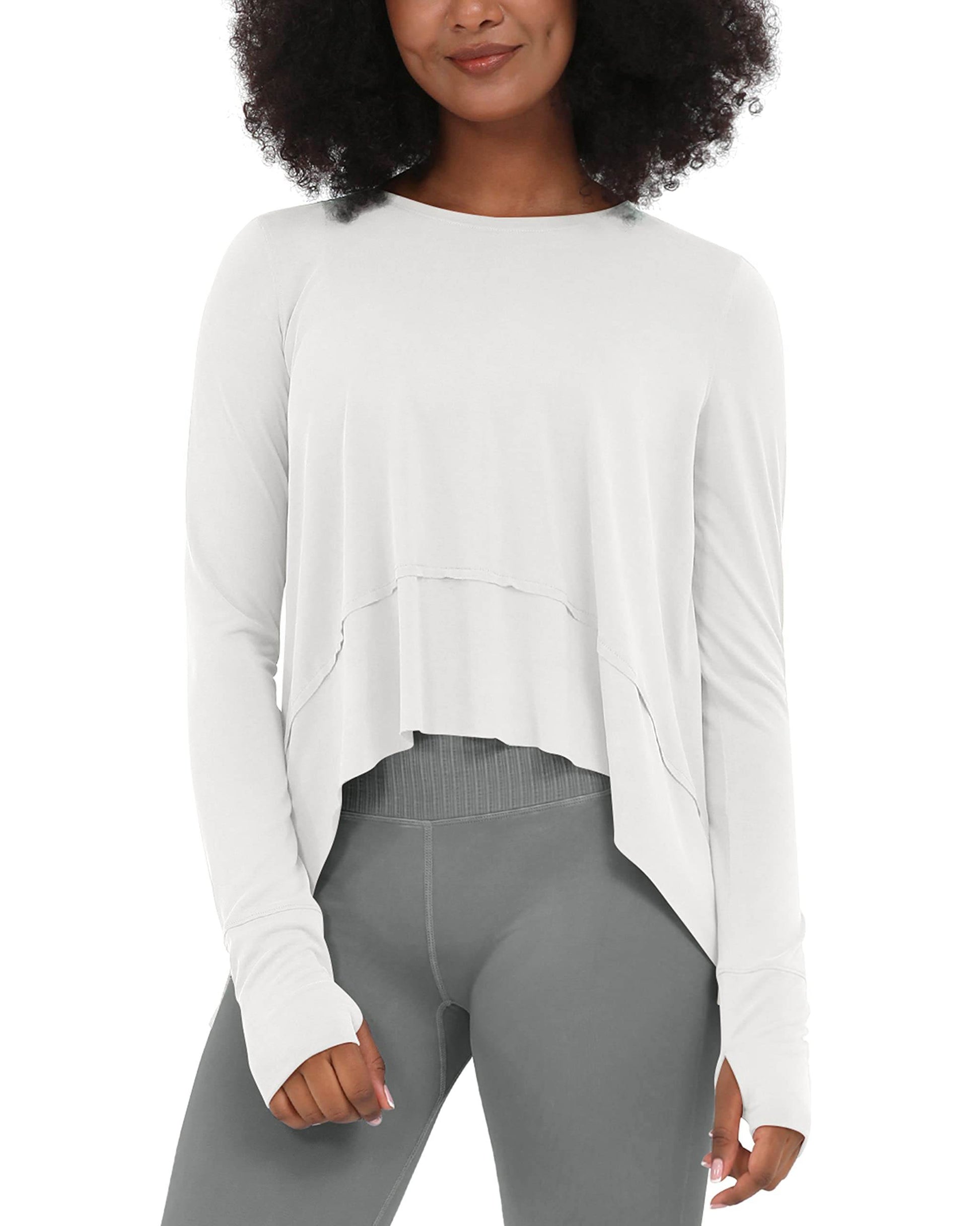ODODOS Long Sleeve Tee for Women with Thumb Hole Athletic Gym Workout Crop Tops Yoga Shirts, White, Large - zenfulharmony.com