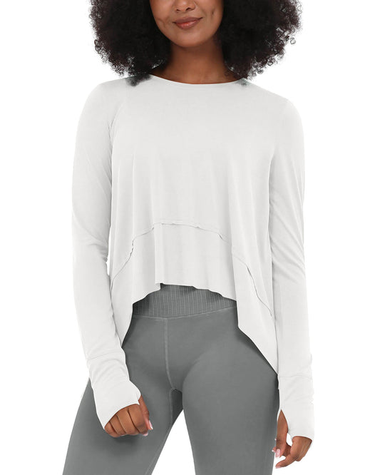 ODODOS Long Sleeve Tee for Women with Thumb Hole Athletic Gym Workout Crop Tops Yoga Shirts, White, Large - zenfulharmony.com