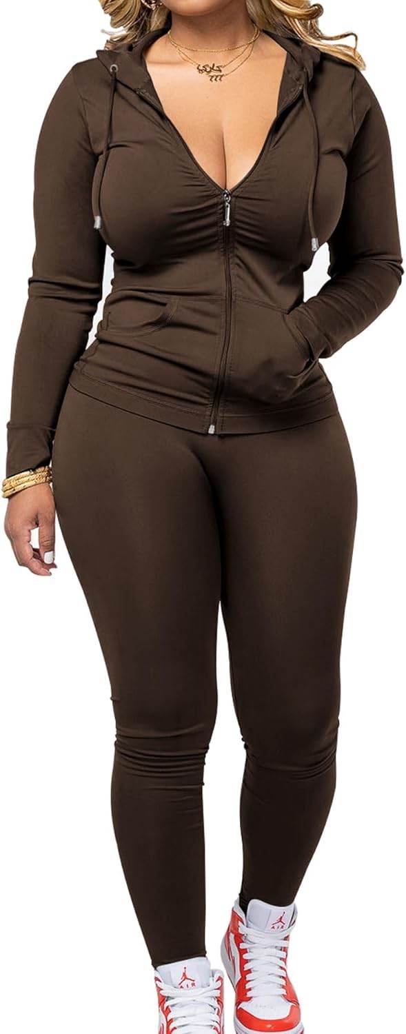 PINSV Women Two Piece Outfits Workout Sets Bodycon Tracksuit Long Sleeve Zip Up Hoodie Jacket Jogger Matching Sweat Pants Set - zenfulharmony.com