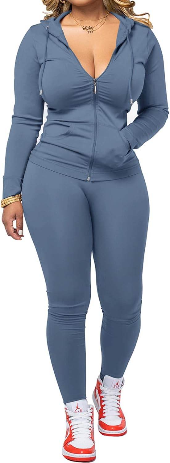 PINSV Women Two Piece Outfits Workout Sets Bodycon Tracksuit Long Sleeve Zip Up Hoodie Jacket Jogger Matching Sweat Pants Set - zenfulharmony.com