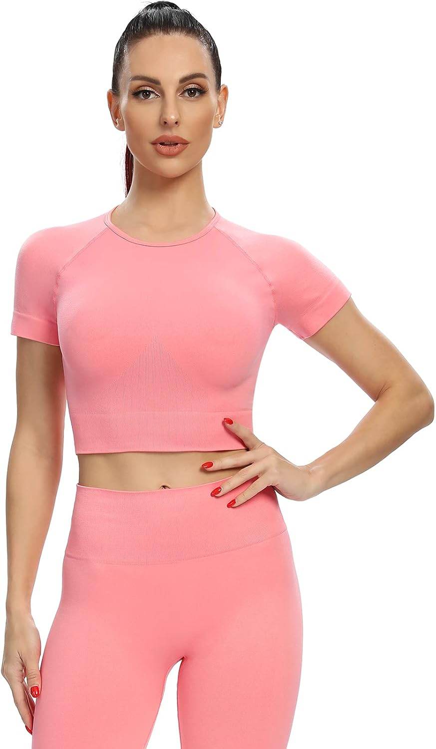 2 Piece Short Sleeve Outfits for Women Seamless Crop Tops Set for Women Workout Set - zenfulharmony.com