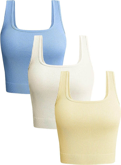 OLCHEE Womens 3 Pack Crop Tank Tops Basic Seamless Ribbed Sleeveless Square Neck Workout Top Summer Exercise Yoga Gym Shirts - zenfulharmony.com