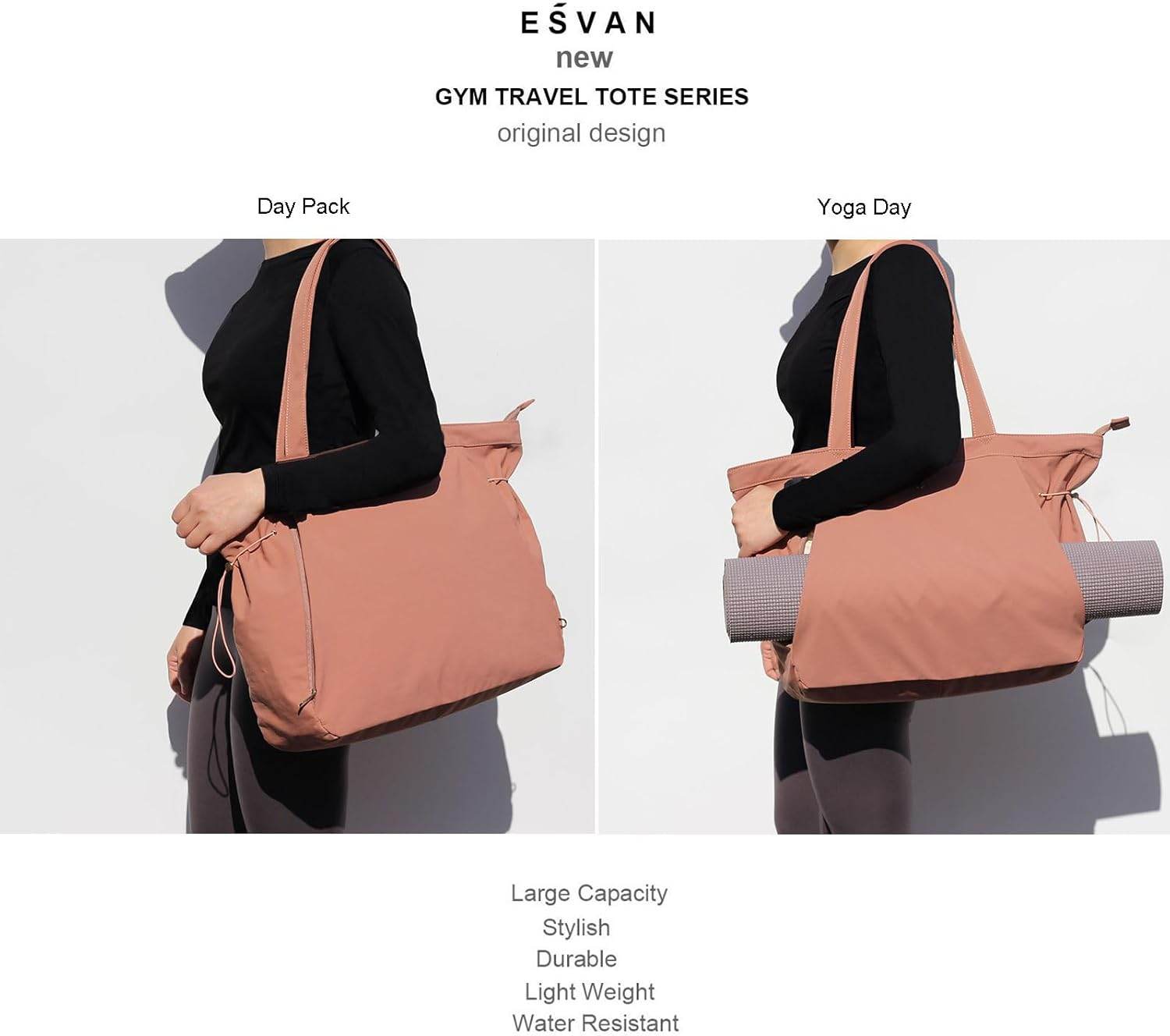 ESVAN Yoga Tote Bag for Women Shoulder Bags Drawstring for Office Workout Travel Carryall Pilates Gym and Beach - zenfulharmony.com