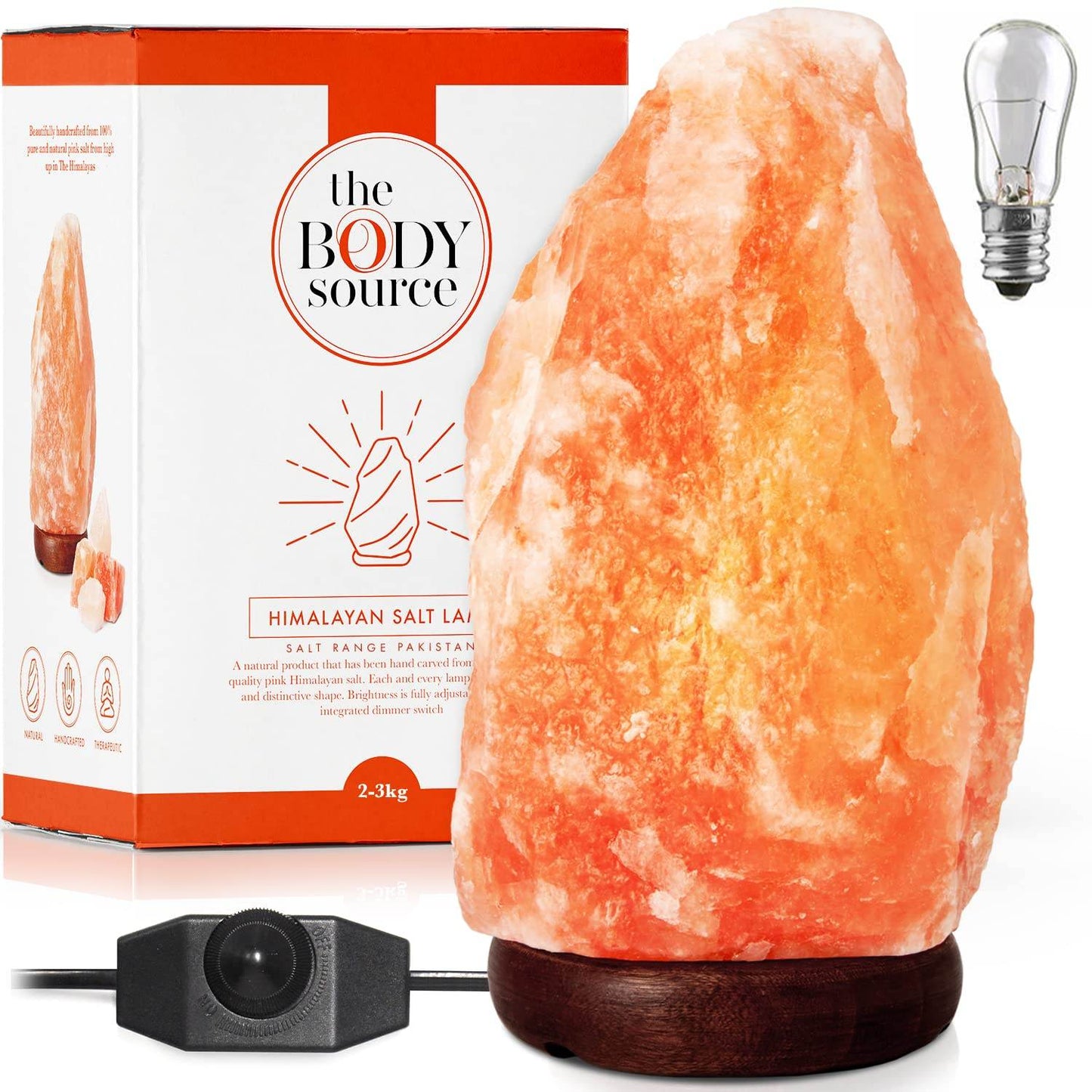 The Body Source Himalayan Salt Lamp 10-12 inches (11-15Ib), Includes Dimmer Switch and Night Light - All Natural Salt Lamp with Handcrafted Wooden Base and Light Bulb Replacement - zenfulharmony.com