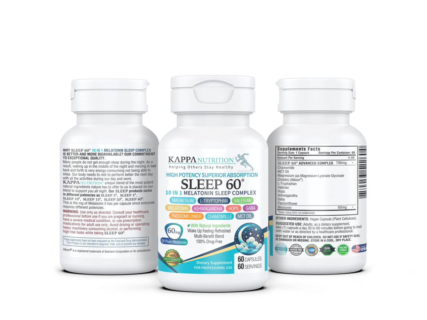 KAPPA NUTRITION Sleep 60, Sleep Aid, 60mg of Melatonin, 60-Day Supply, Non-Habit Forming Vegan Capsules Natural Ingredients for Easier Bedtime, Herbal Supplement, Valerian Root, Chamomile Non-GMO - zenfulharmony.com