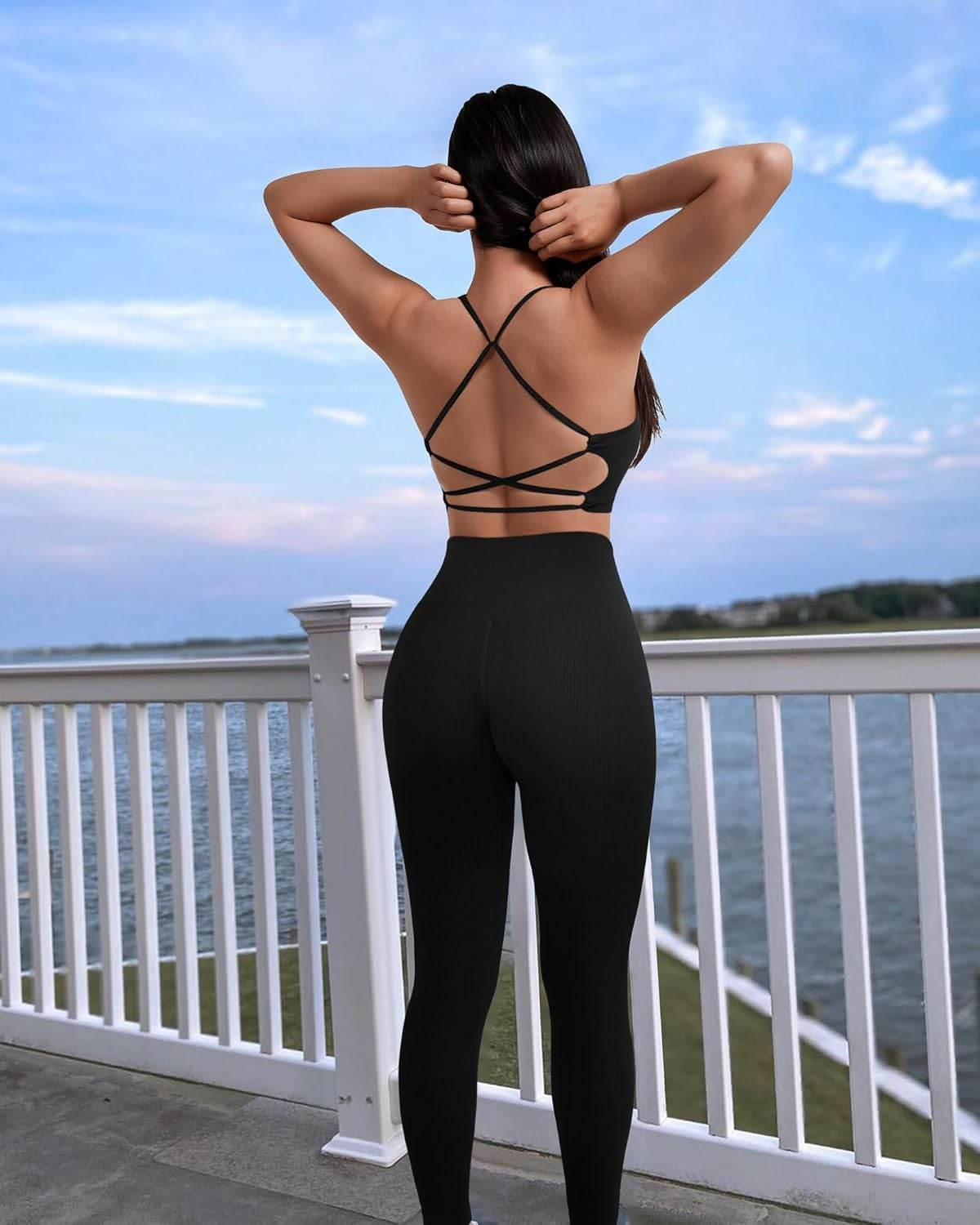 RXRXCOCO Ribbed Workout Sets for Women 2 Piece Backless Strappy Sports Bra Seamless Leggings Matching Set Yoga Outfits - zenfulharmony.com