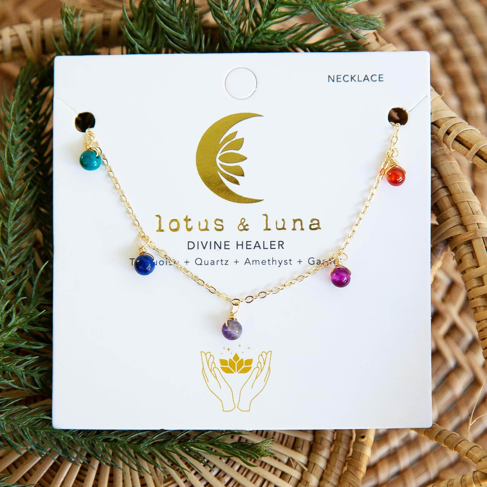 Lotus and Luna Divine Healer Dewdrop Necklace in Gold Energy Chakra Healing Stones (Multicolor Rainbow, Gold) - zenfulharmony.com