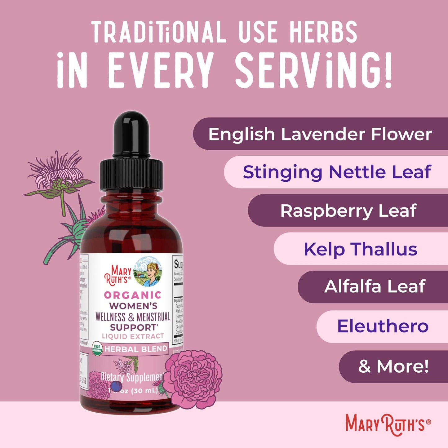 MaryRuth Organics USDA Organic Women's Wellness Liquid Herbal Supplements | Includes Stinging Nettle, Raspberry Leaf, Eleuthero Root, Chaste Tree Berry | Menstrual Support | Non-GMO, Vegan - zenfulharmony.com