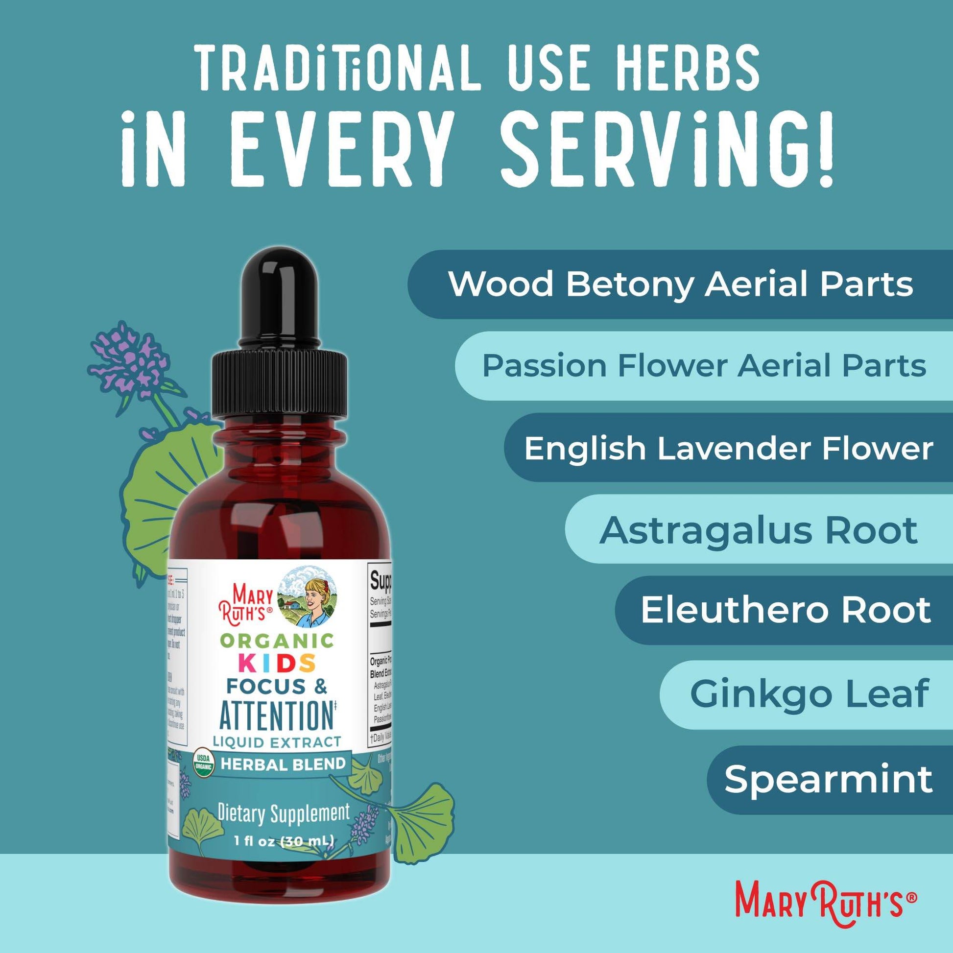 MaryRuth Organics Kids Brain Supplements for Memory and Focus, USDA Organic Drops with Ginkgo Biloba, Rhodiola Root & Licorice Root, Focus & Attention, Calm, Vegan, Non-GMO, Gluten Free, 30 Servings - zenfulharmony.com