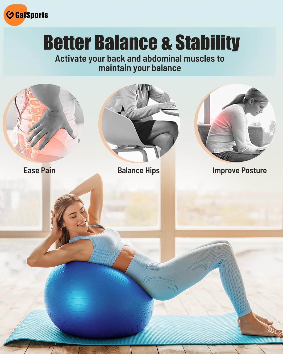 GalSports Yoga Ball Exercise Ball for Working Out, Anti-Burst and Slip Resistant Stability Ball, Swiss Ball for Physical Therapy, Balance Ball Chair, Home Gym Fitness - zenfulharmony.com