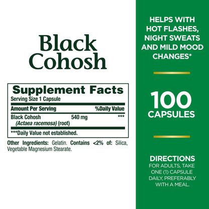 Nature's Bounty Black Cohosh Root Pills and Herbal Health Supplement, Natural Menopausal Support, 540 mg, 100 Capsules - zenfulharmony.com