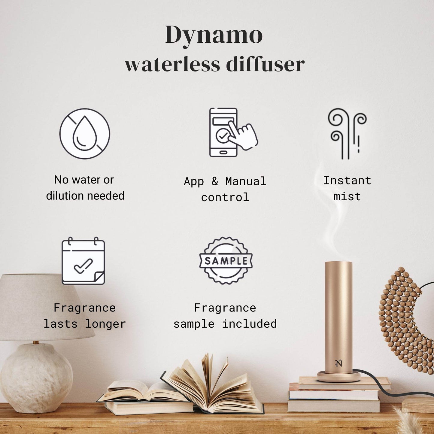 Natscent Dynamo Essential Oil Diffuser for Home with Fragrance Sample, App & Manual Control, Cold-Air Scent Diffusers for Home,Large Room, Hotel Scent Diffuser up to 1000sq.ft. Gold, Aroma Diffusers - zenfulharmony.com