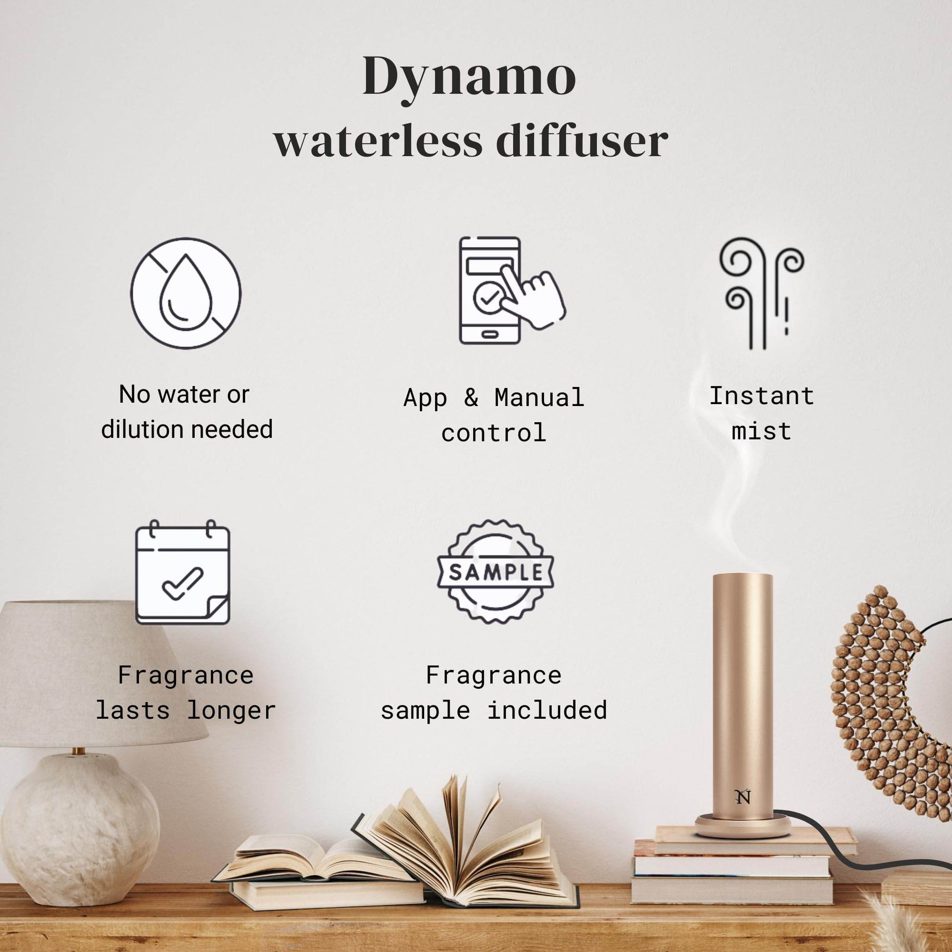 Natscent Dynamo Essential Oil Diffuser for Home with Fragrance Sample, App & Manual Control, Cold-Air Scent Diffusers for Home,Large Room, Hotel Scent Diffuser up to 1000sq.ft. Gold, Aroma Diffusers - zenfulharmony.com