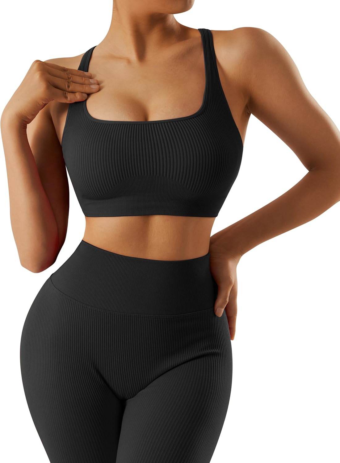RXRXCOCO Ribbed Workout Sets for Women 2 Piece Backless Strappy Sports Bra Seamless Leggings Matching Set Yoga Outfits - zenfulharmony.com