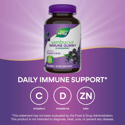 Nature’s Way Sambucus Elderberry Immune Gummies, Daily Immune Support for Kids and Adults*, with Vitamin C, Vitamin D3, Zinc, Gluten Free, Vegetarian, 60 Gummies (Packaging May Vary) - zenfulharmony.com