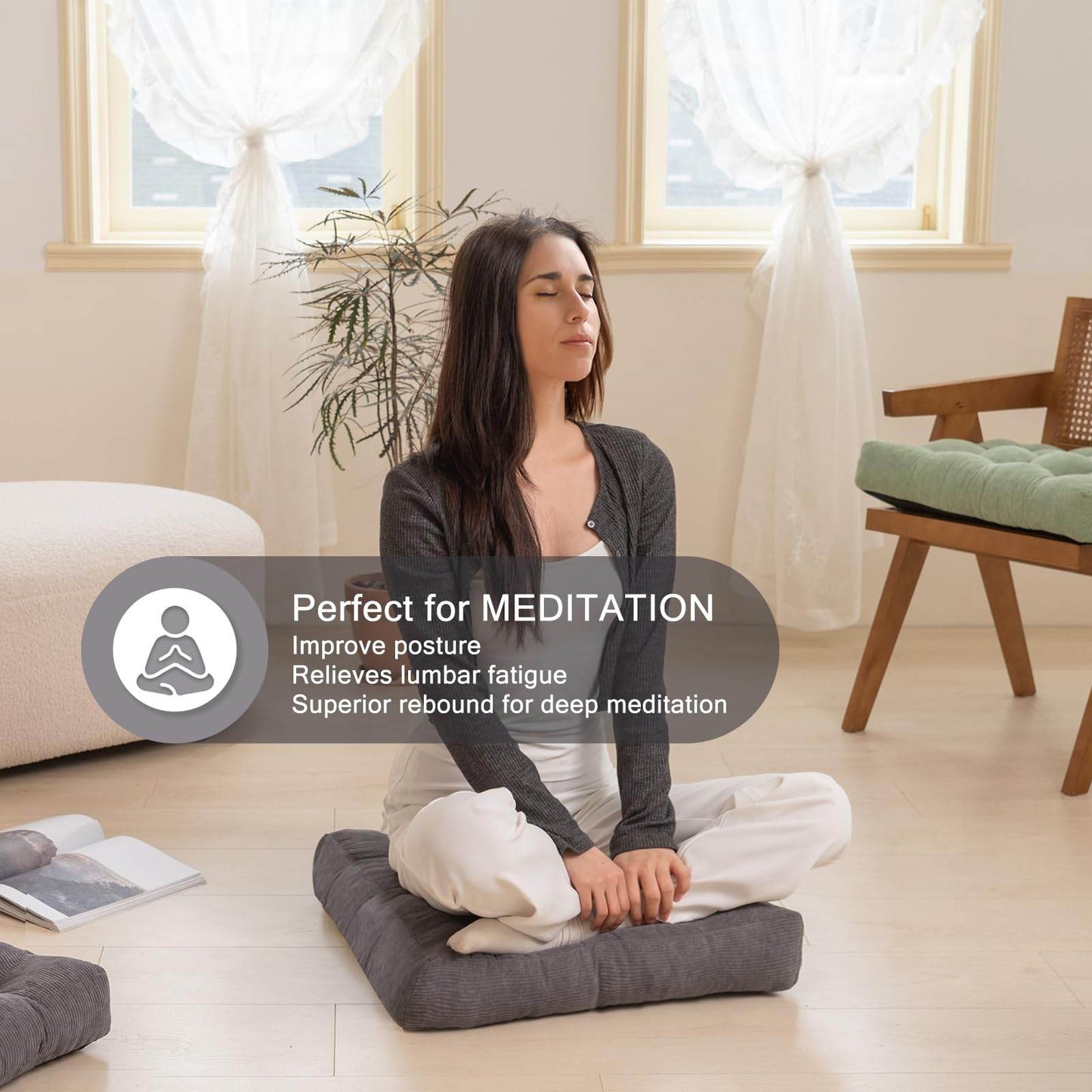 Meditation Cushion Floor Pillow - Large Square Floor Pillows for Adults Sitting with Shredded Blue Memory Foam Filling Cushions for Classroom Yoga Tatami Living Room Outdoor,Grey, 20x20x4 Inches - zenfulharmony.com