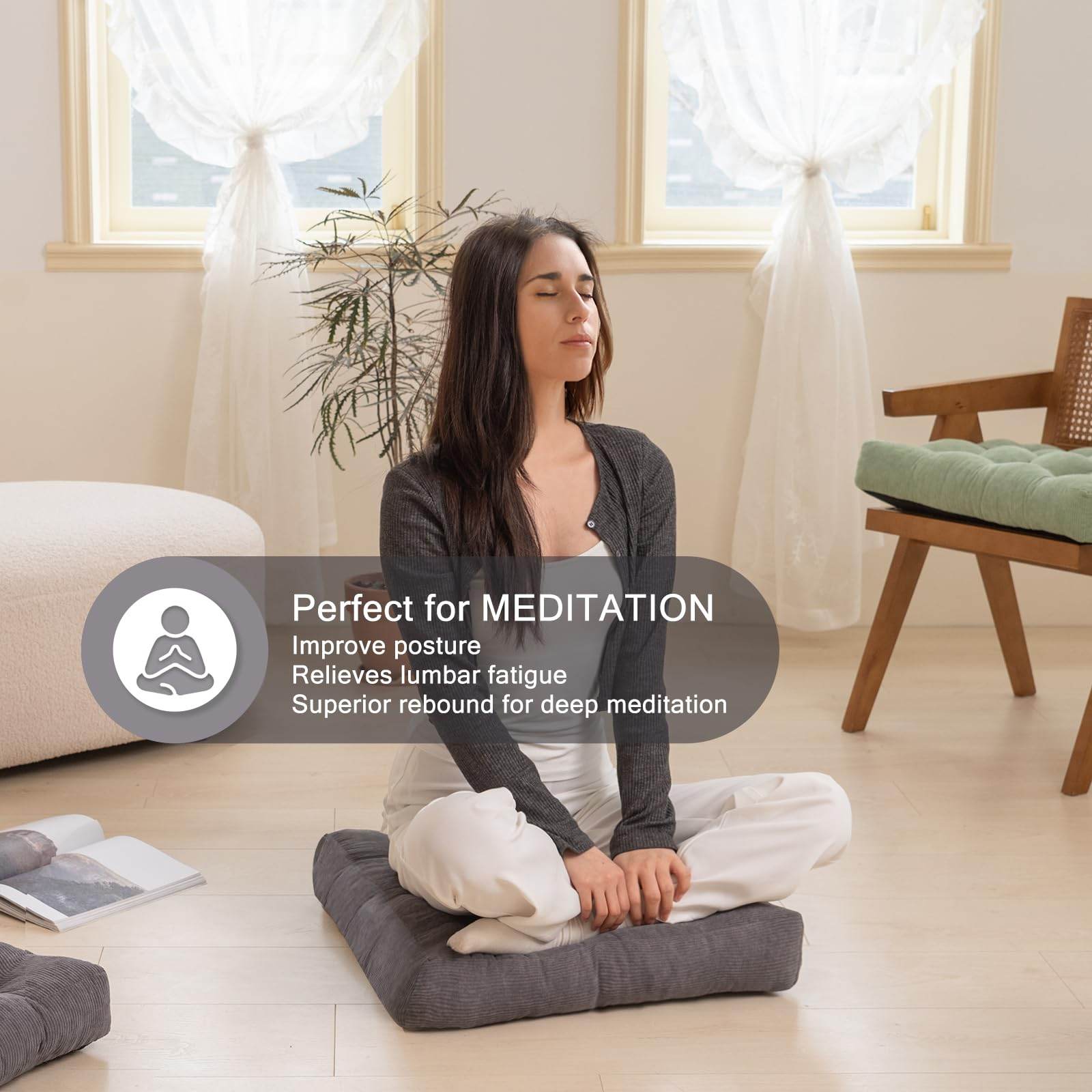 Meditation Cushion Floor Pillow - Large Square Floor Pillows for Adults Sitting with Shredded Blue Memory Foam Filling Cushions for Classroom Yoga Tatami Living Room Outdoor,Grey, 20x20x4 Inches - zenfulharmony.com