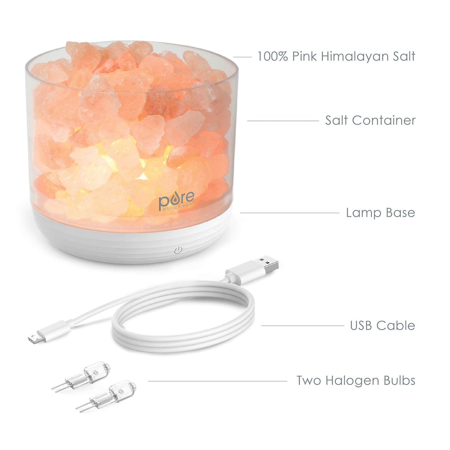 Pure Enrichment PureGlow USB Salt Lamp - Authentic Pink Himalayan Salt Rocks, Light Dimmer with 5 Levels, 2 Bulbs, and USB Power Cable - zenfulharmony.com