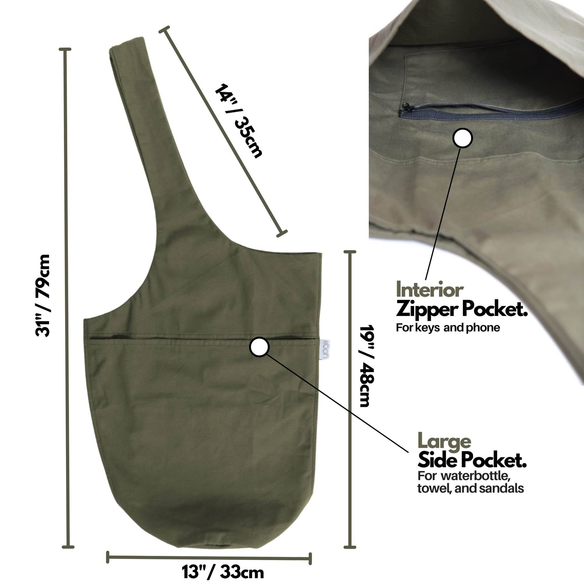 Yogiii Yoga Mat Bag | The ORIGINAL YogiiiTote Yoga Bag | Sling Yoga Tote w/Large Side Pocket & Zipper Pocket | Yoga Mat Carrier Fits Most Size Mats (Olivine Green) - zenfulharmony.com