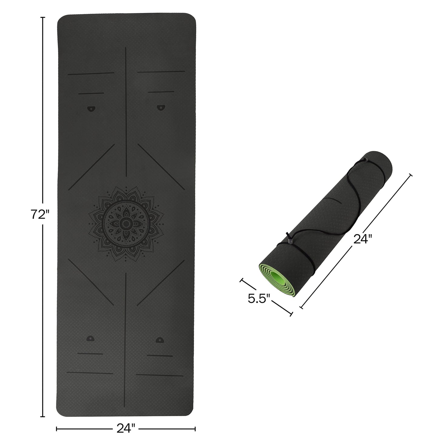 Yoga Mat with Alignment Marks - Lightweight Exercise Mat with Carry Strap for Home Workout or Travel by Wakeman Outdoors (Gray and Green) - zenfulharmony.com