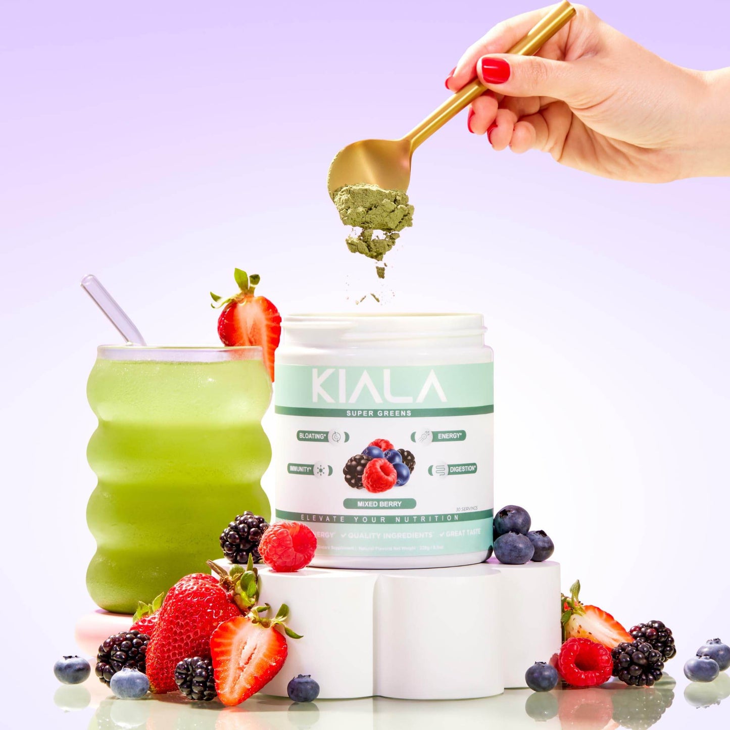 Kiala Nutrition Super Greens, Organic Greens Powder with Spirulina & Chlorella for Digestion, Gut Health, Immunity & Energy, Gluten Free, Vegan, Daily Support for Women, Mixed Berry, 30 Servings - zenfulharmony.com