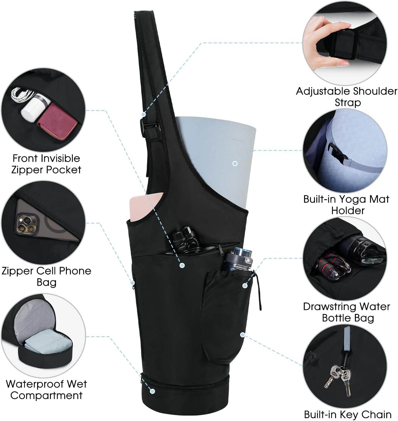 sportsnew Yoga Mat Bag, Large Opening Long Tote Yoga Mat Carrier Holder Bag with Waterproof Wet Pocket and Drawstring Water Bottle Pocket, Adjustable Shoulder Strap Storage Bag, patent pending - zenfulharmony.com
