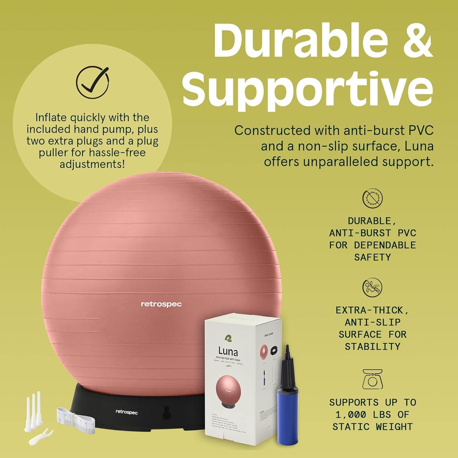 Retrospec Luna Exercise Ball, Base & Pump/Ball & Pump with Anti-Burst Material - Fitness Gym Swiss Ball - Perfect for Balance, Stability, Yoga, Pilates, Pregnancy & Birthing - zenfulharmony.com