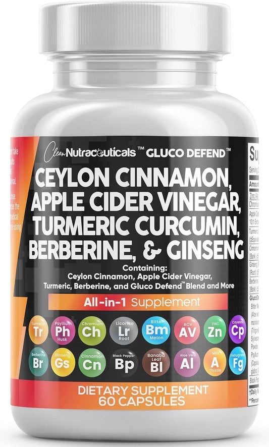 Clean Nutraceuticals Ceylon Cinnamon 3000mg Turmeric 3000mg Apple Cider Vinegar 3000mg Ginseng 2000mg Berberine 1200mg Plus Bitter Melon Gymnema Milk Thistle Fenugreek - zenfulharmony.com